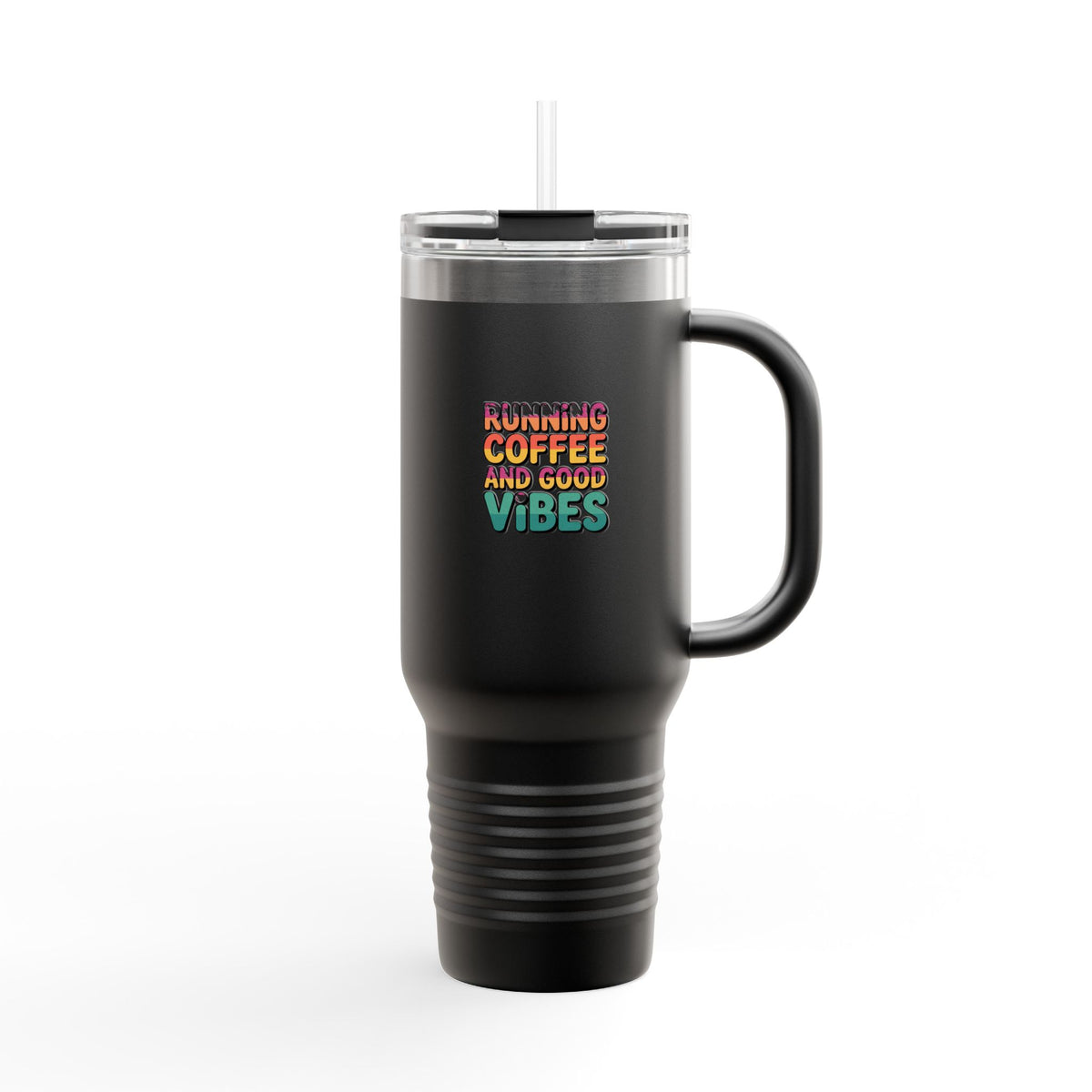 Running On Coffee And Good Vibes Tumbler, Funny Coffee Quote 40oz Travel Mug, Cute Gift for Coffee Lovers, Bold Typography Tumbler