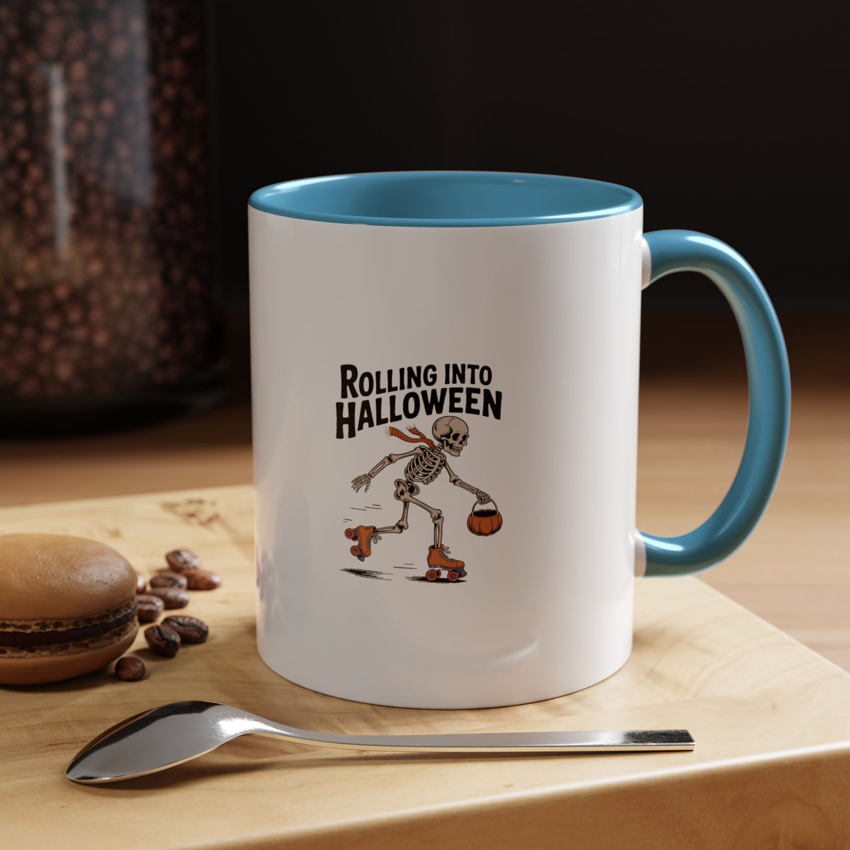 Rolling Into Halloween Skeleton Mug, Retro Roller Skating Skeleton Coffee Cup, Funny Halloween Gift, Spooky Season Accent Mug