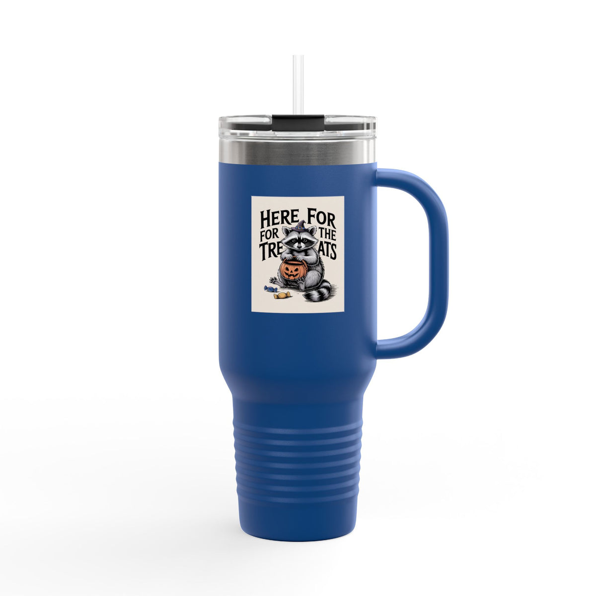 Here For The Treats Raccoon Travel Mug, Funny Halloween Tumbler, Spooky Season 40oz Tumbler with Handle, Trick or Treat Gift