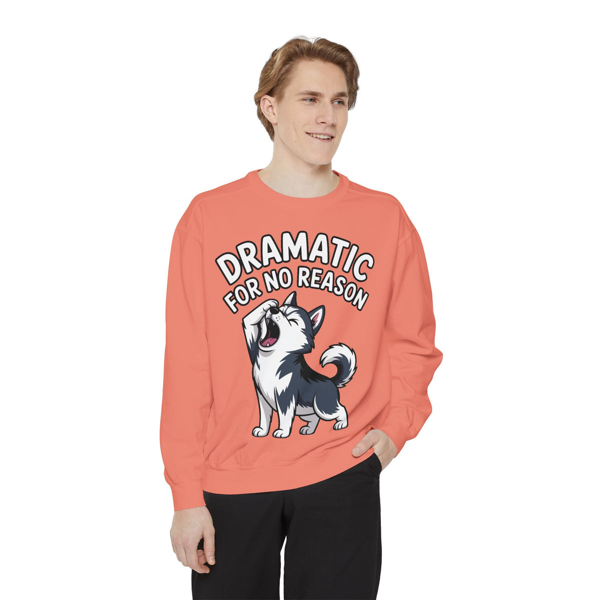 Dramatic Husky Sweatshirt, Funny Dog Lover Crewneck, Cute Cartoon Husky Embroidered Patch Style Sweatshirt, Gift for Husky Mom