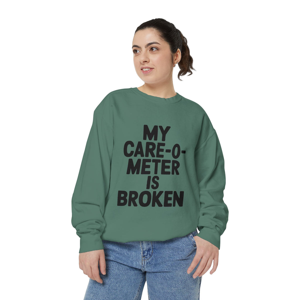 My Care-O-Meter Is Broken Sweatshirt, Funny Sarcastic Crewneck, Embroidered Patch Style Pullover, Snarky Gift for Him or Her