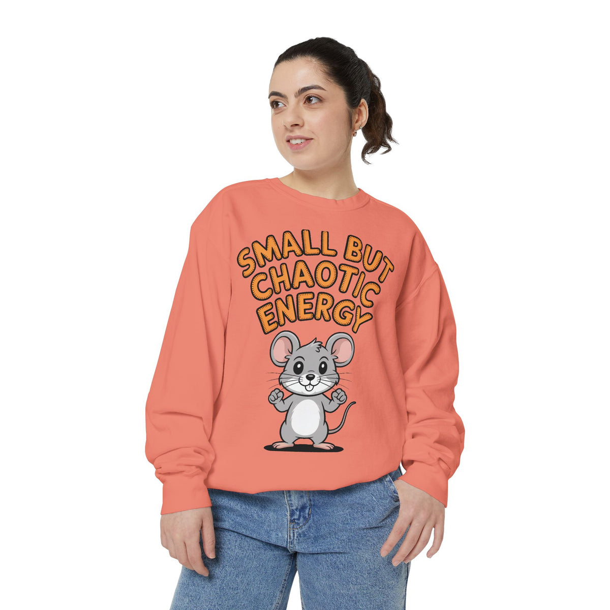 Small But Chaotic Energy Sweatshirt, Funny Mouse Crewneck, Cute Cartoon Mouse Sweatshirt, Embroidered Patch Style Gift