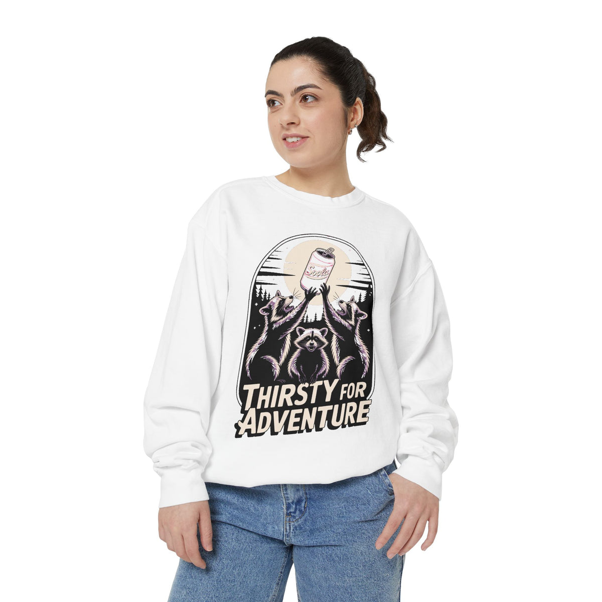 Thirsty For Adventure Raccoons Sweatshirt, Funny Vintage Poster Crewneck, Retro Raccoon Graphic Sweatshirt Gift