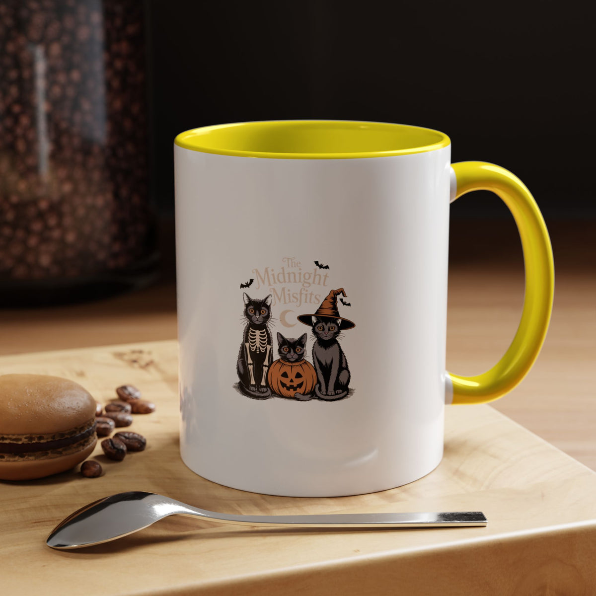 The Midnight Misfits Cats Mug, Funny Black Cat Halloween Costume Coffee Mug, Spooky Season Cat Lover Gift, Vintage Halloween Mug