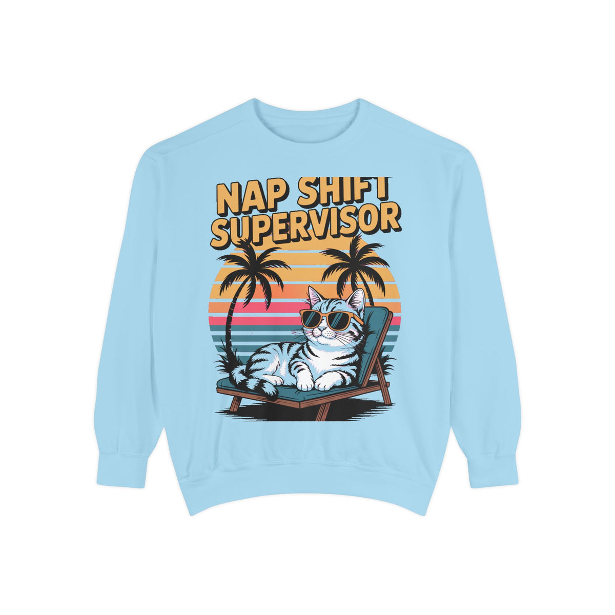 Retro Cat Sunset Sweatshirt, Funny Nap Shift Supervisor Crewneck, Vintage 90s Cat Lover Gift, Embroidered Cool Cat Sweatshirt