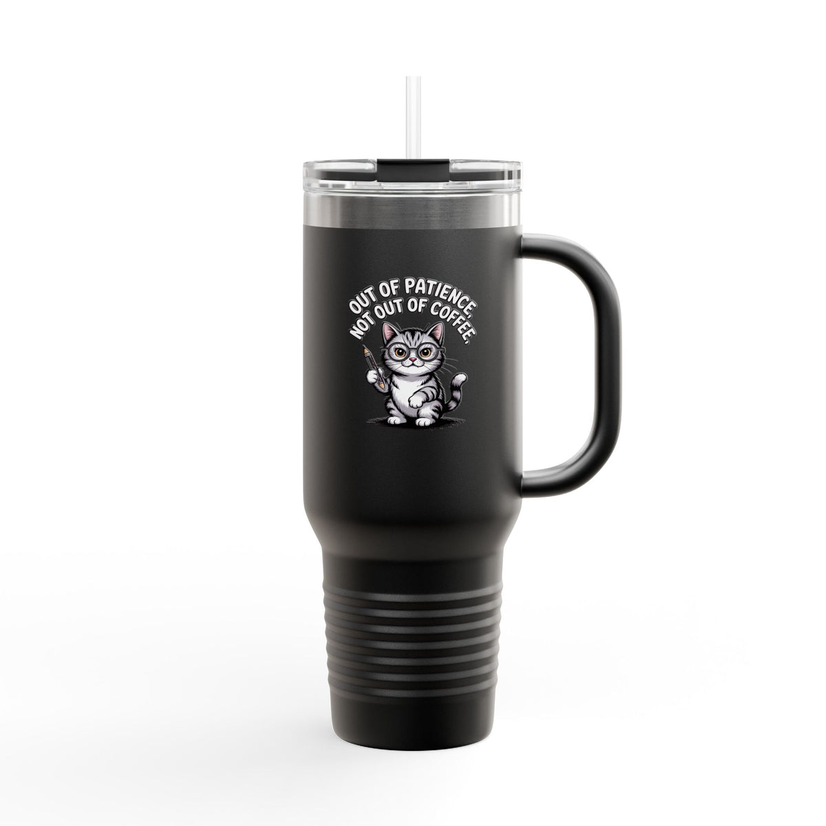 Teacher Cat Travel Mug, Funny Cat Teacher Tumbler, Out of Patience Not Out of Coffee, Teacher Appreciation Gift, Cat Lover Mug