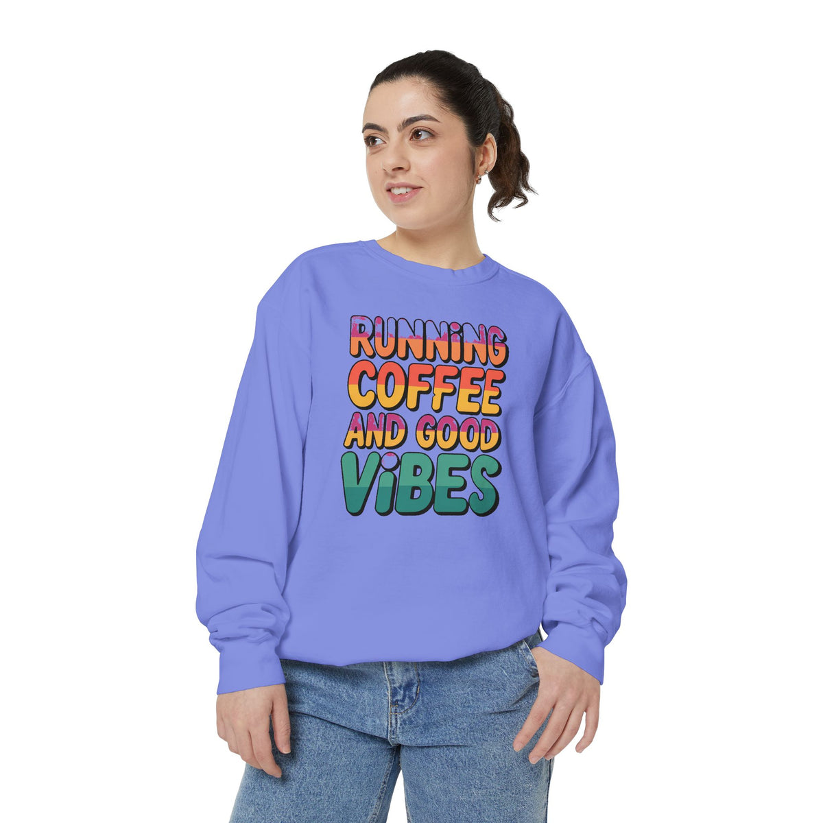 Running On Coffee And Vibes Sweatshirt, Retro Gradient Typography Crewneck, Coffee Lover Gift, Positive Vibes Pullover