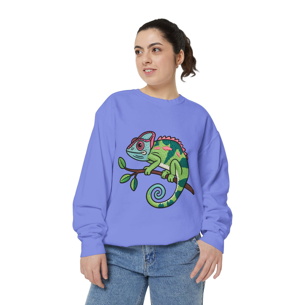 Chameleon Sweatshirt, Cute Embroidered Patch Style Crewneck, Reptile Lover Gift, Garment Dyed Sweatshirt for Nature Lovers