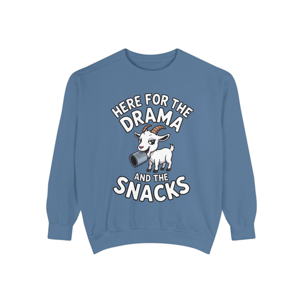 Funny Goat Sweatshirt, Here For The Drama And The Snacks Crewneck, Cute Goat Lover Gift, Embroidered Patch Style Sweatshirt