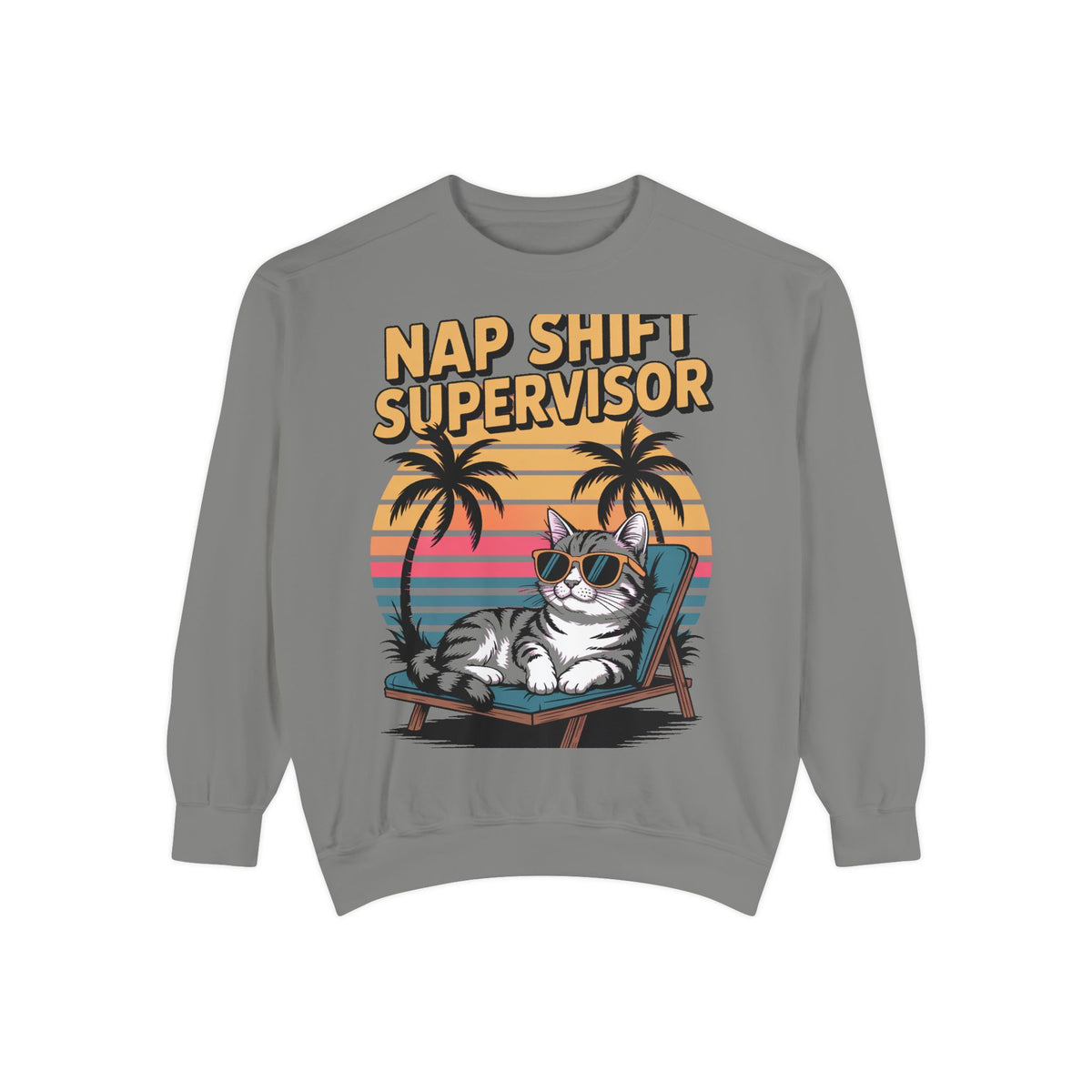 Retro Cat Sunset Sweatshirt, Funny Nap Shift Supervisor Crewneck, Vintage 90s Cat Lover Gift, Embroidered Cool Cat Sweatshirt