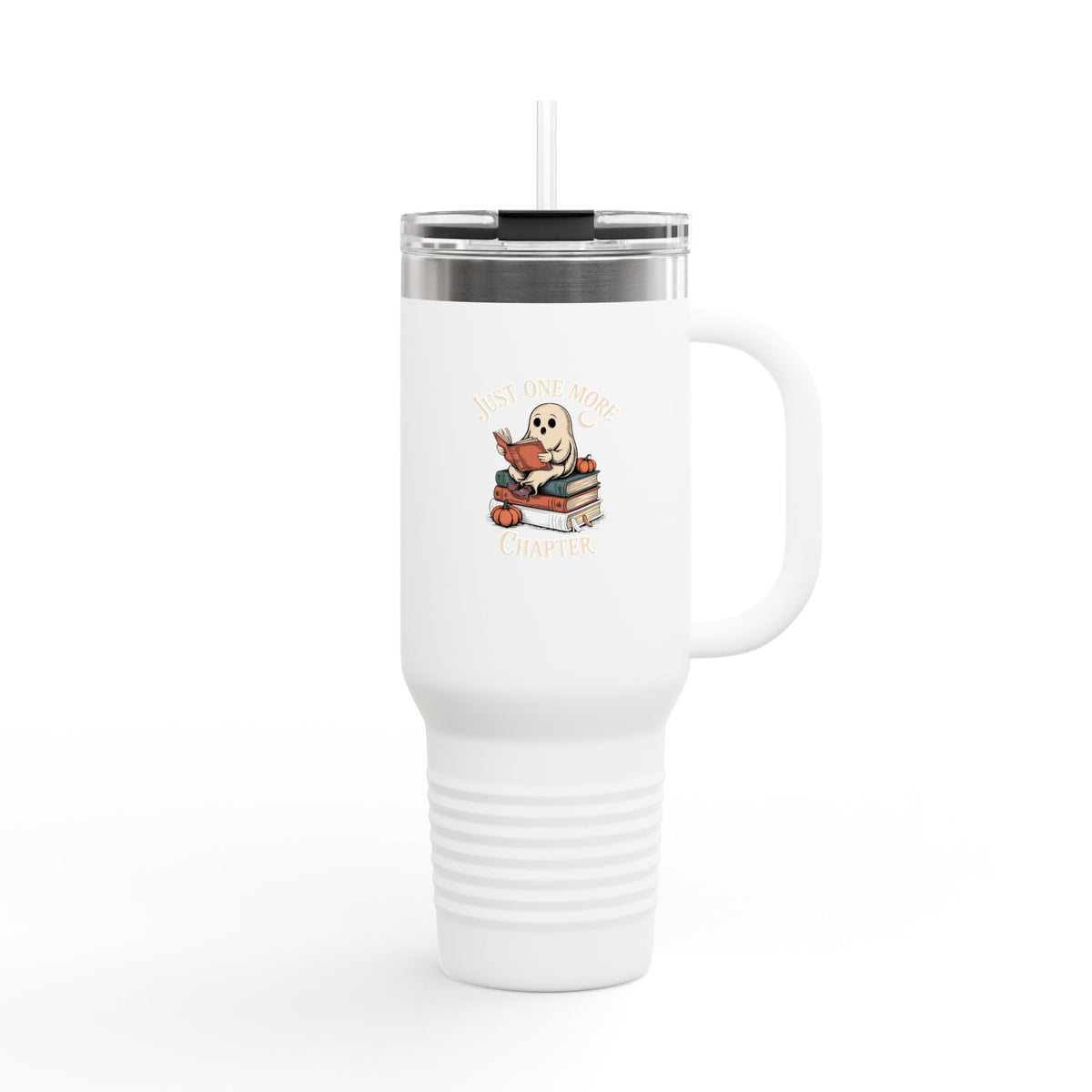 Just One More Chapter Ghost Tumbler, Halloween Reading Travel Mug 40oz, Bookish Ghost Cup, Spooky Season Gift for Book Lovers