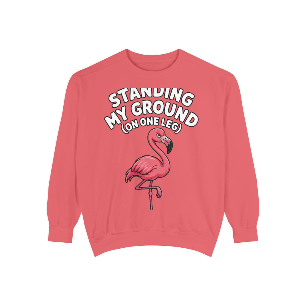 Standing My Ground Flamingo Sweatshirt, Funny One Leg Flamingo Crewneck, Sassy Bird Lover Gift, Embroidered Patch Style Sweatshirt