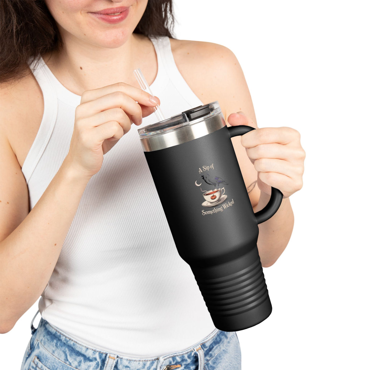 A Sip Of Something Wicked Crow Travel Mug, Halloween Tumbler 40oz, Gothic Raven Teacup Tumbler, Witchy Fall Gift, Spooky Season Cup