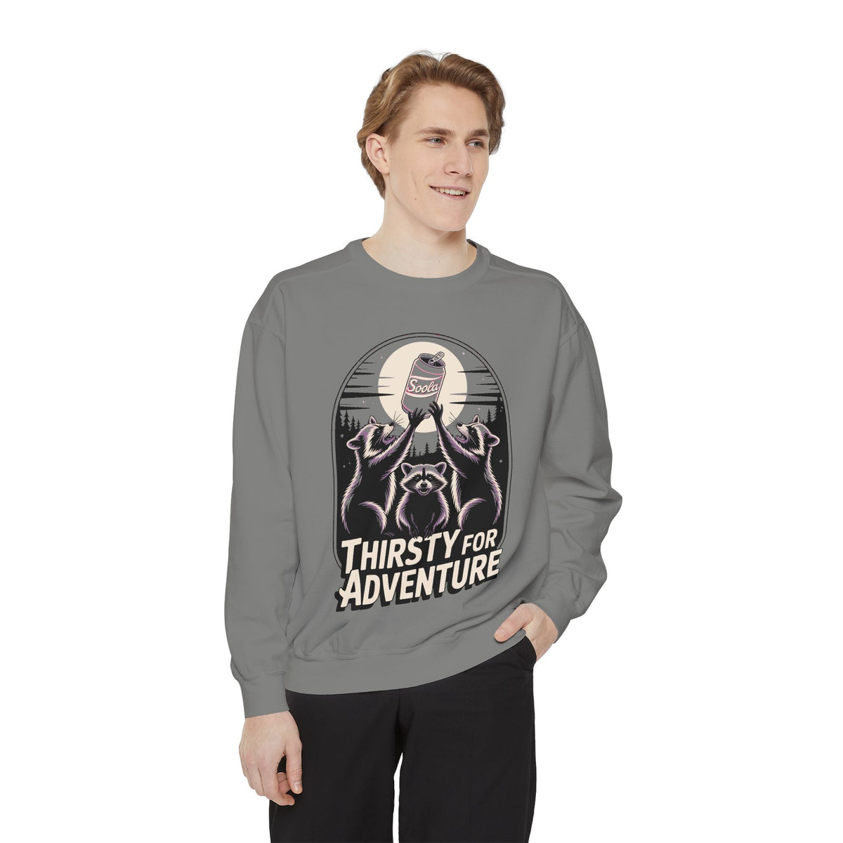 Thirsty For Adventure Raccoons Sweatshirt, Funny Vintage Poster Crewneck, Retro Raccoon Graphic Sweatshirt Gift