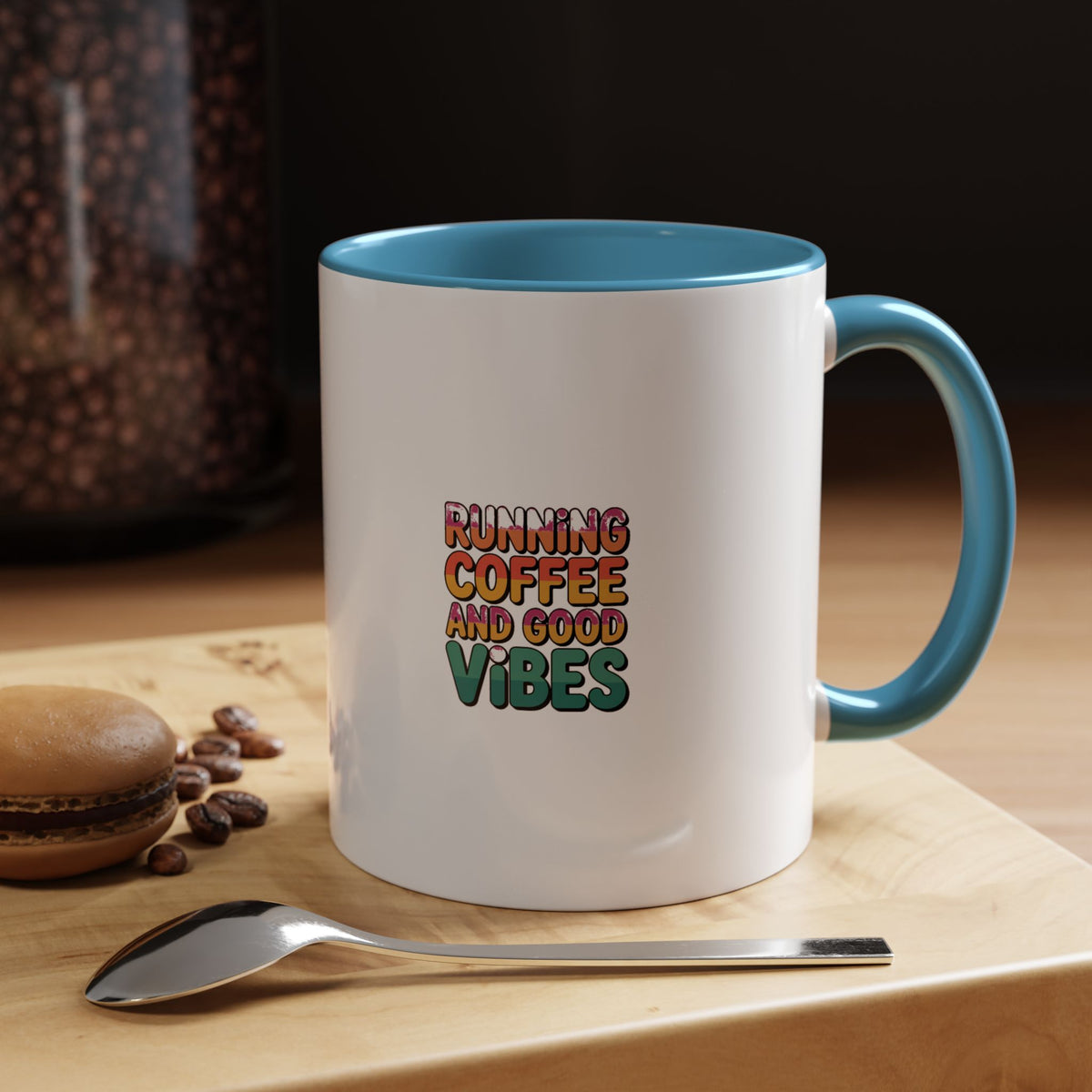 Running On Coffee And Good Vibes Mug, Bold Gradient Typography Mug, Colorful Coffee Lover Gift, Motivational Accent Mug