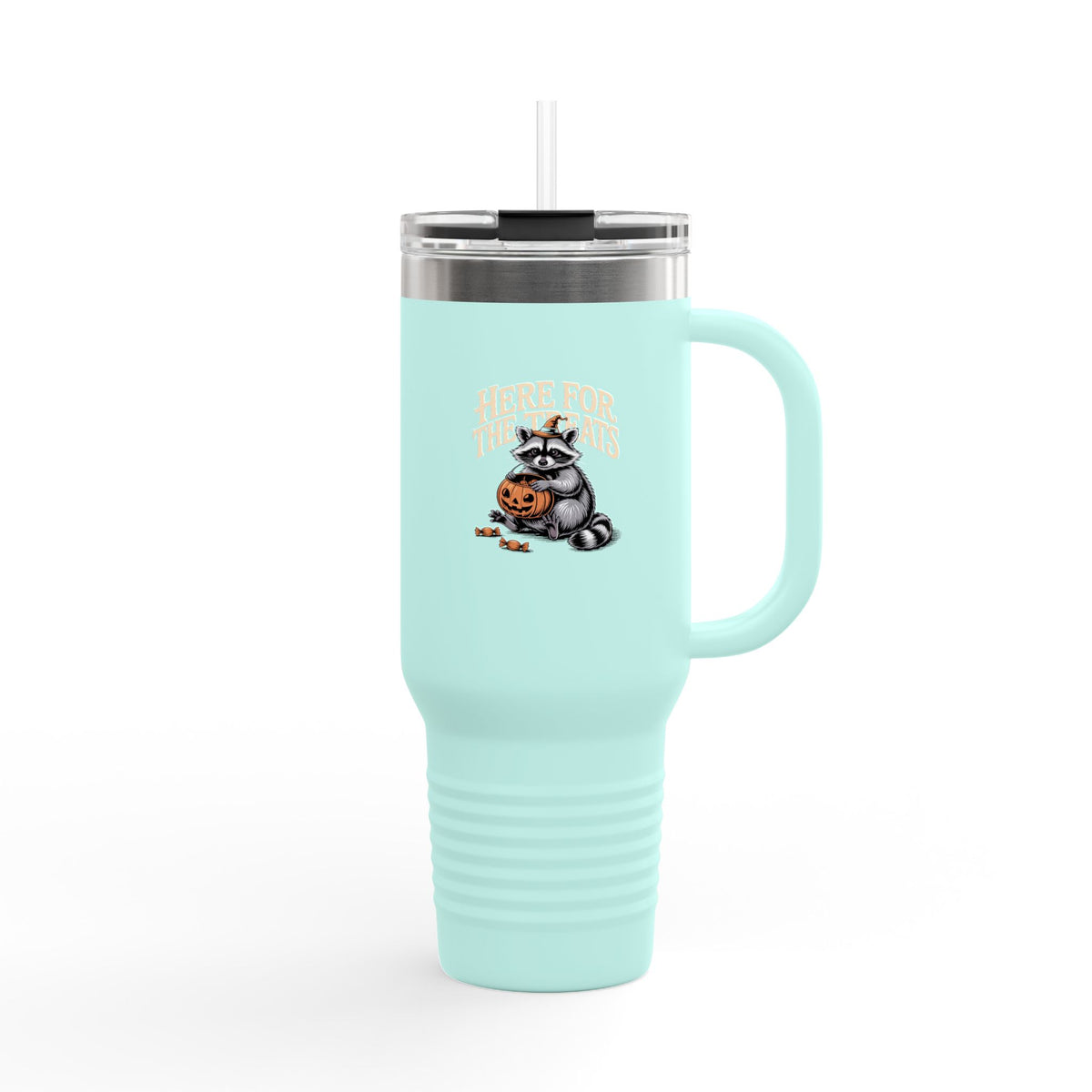 Here For The Treats Raccoon Travel Mug, Funny Halloween Tumbler, Trick Or Treat Raccoon 40oz Cup, Spooky Season Gift