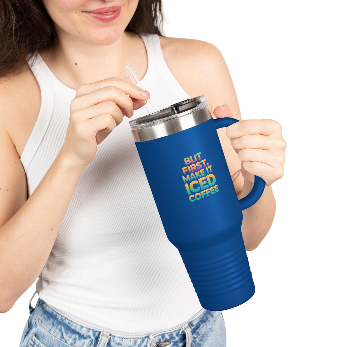 But First Iced Coffee Tumbler, Funny 40oz Travel Mug with Handle, Gradient Typography Coffee Lover Gift, Iced Coffee Cup for Her