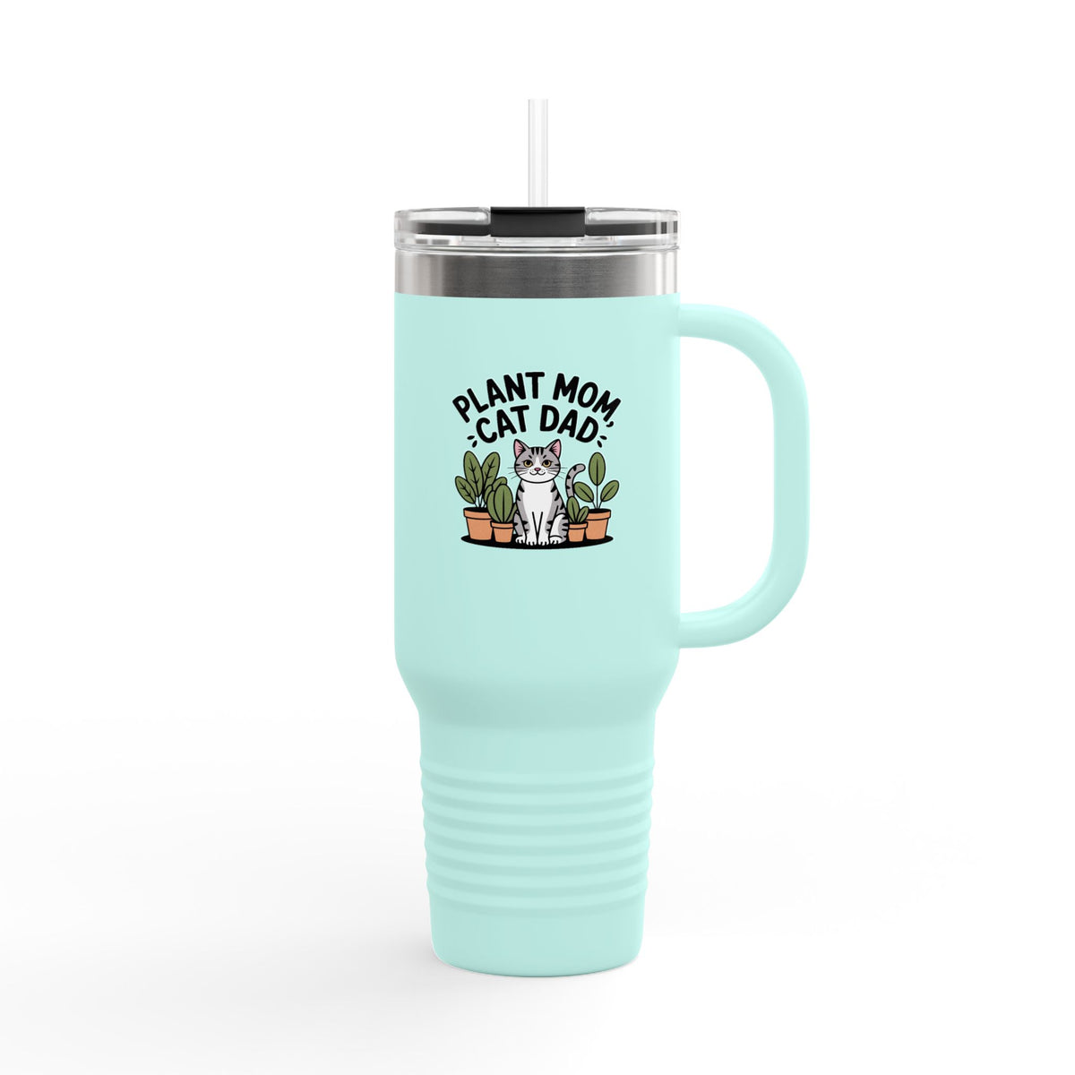 Plant Mom Cat Dad Travel Mug 40oz, Funny Cat Lover Tumbler, Plant Mom Gift, Cute Cat with Plants Insulated Cup with Handle and Straw