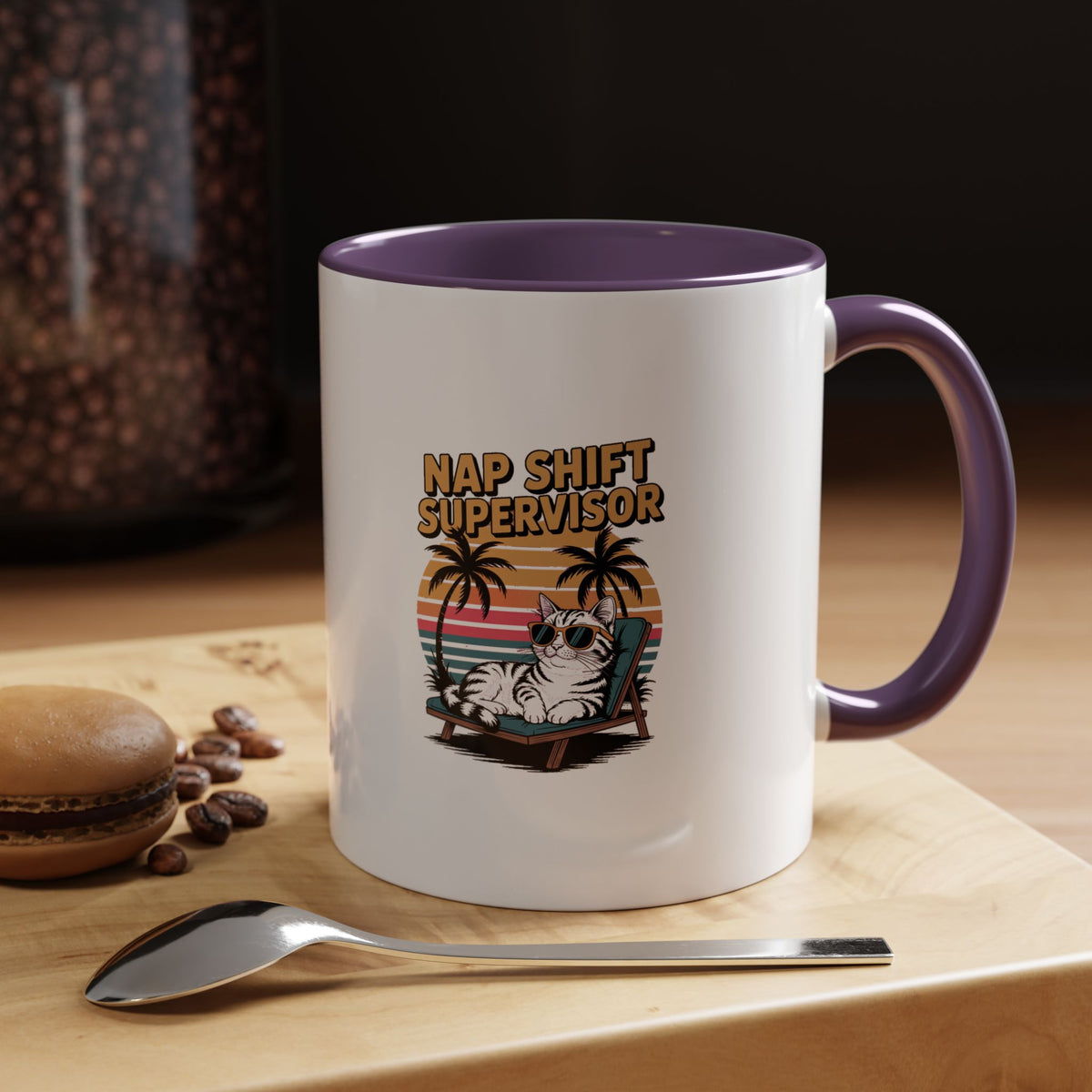 Retro Cat Sunset Mug, Funny Nap Shift Supervisor Coffee Cup, Vintage 90s Cat Lover Gift, Sunglasses Cat Sunset Mug