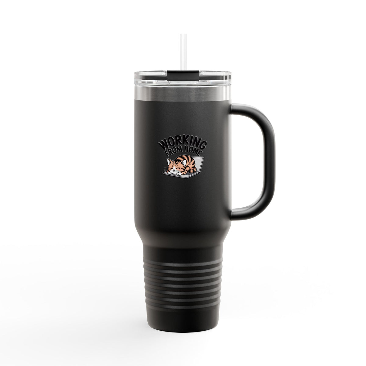 Working From Home Cat Travel Mug, Funny Cat Lover Tumbler, Cute Cat on Laptop 40oz Cup, WFH Gift for Coworker, Remote Work Mug
