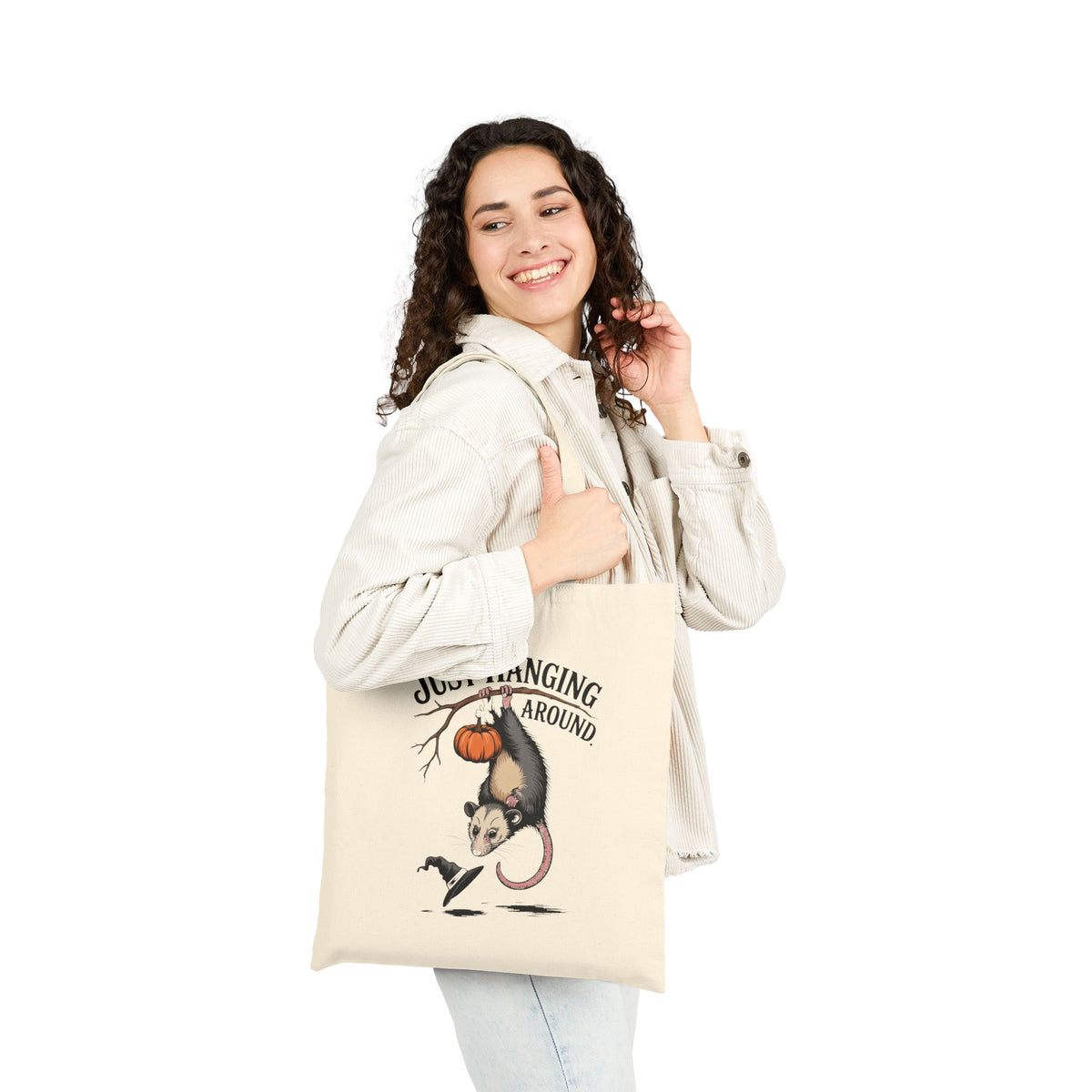 Just Hanging Around Opossum Tote Bag, Vintage Halloween Possum Canvas Bag, Funny Fall Tote, Spooky Season Gift