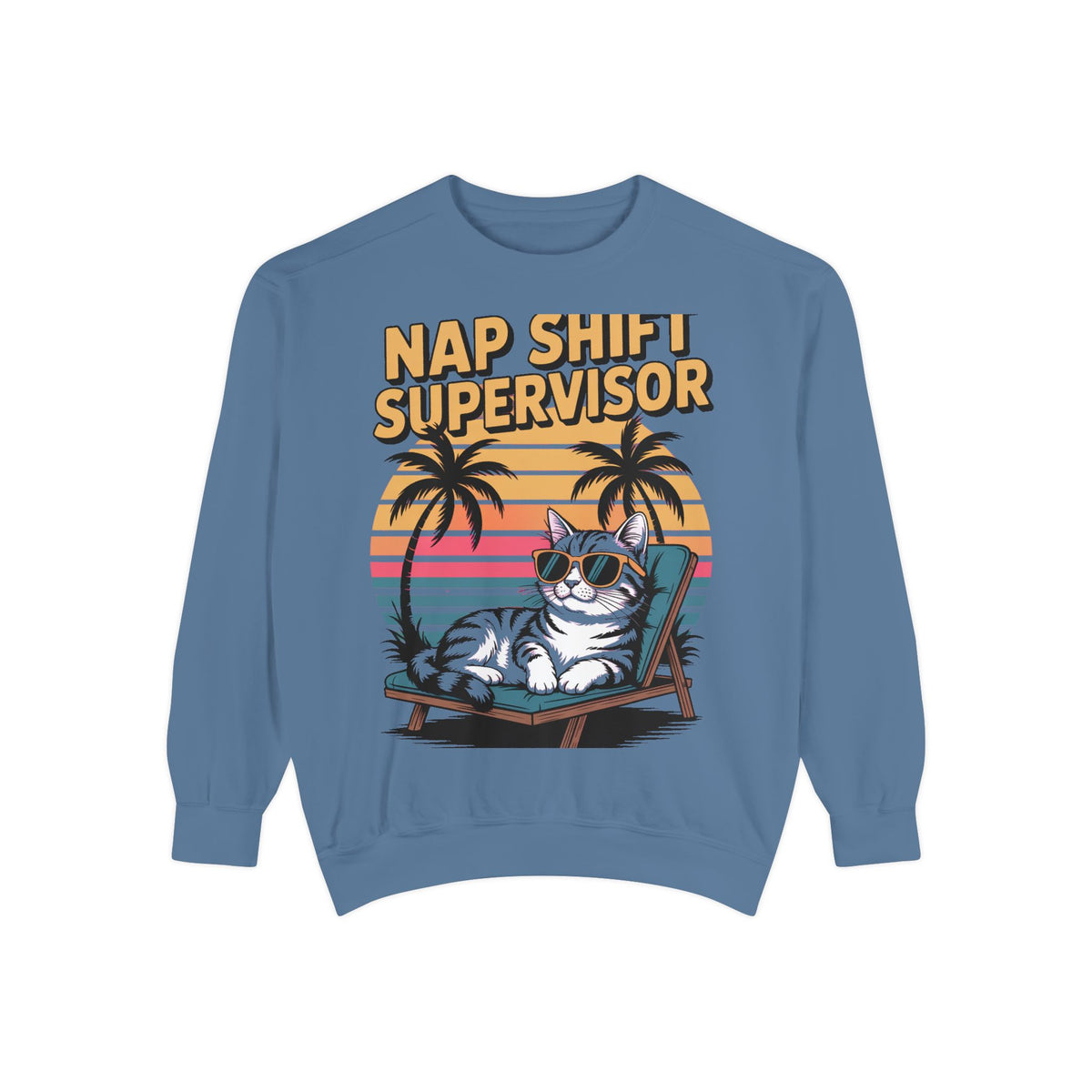 Retro Cat Sunset Sweatshirt, Funny Nap Shift Supervisor Crewneck, Vintage 90s Cat Lover Gift, Embroidered Cool Cat Sweatshirt