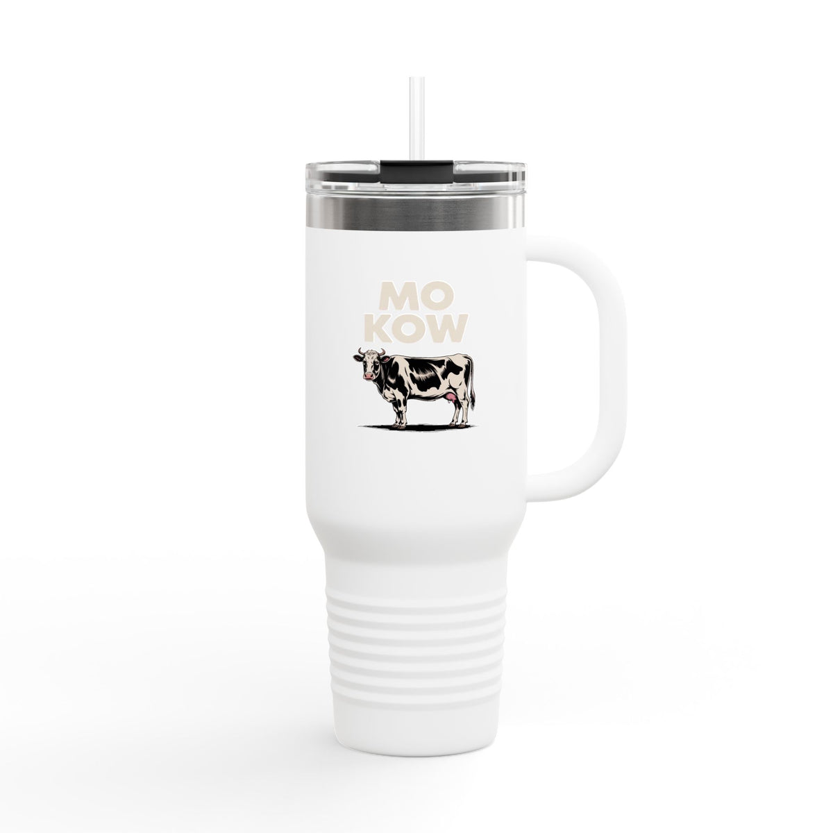 Funny Mo Kow Cow Travel Mug, Absurd Meme Tumbler, Deadpan Farm Animal Gift, 40oz Insulated Cup with Handle and Straw