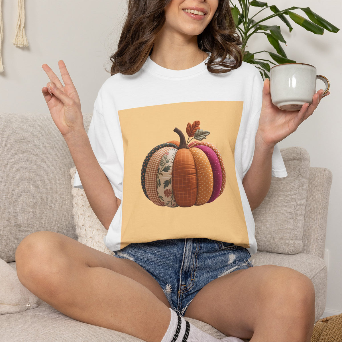 Patchwork Pumpkin T-Shirt, Cute Fall Pumpkin Halloween Shirt, Quilted Autumn Pumpkin Tee, Cozy Halloween Gift