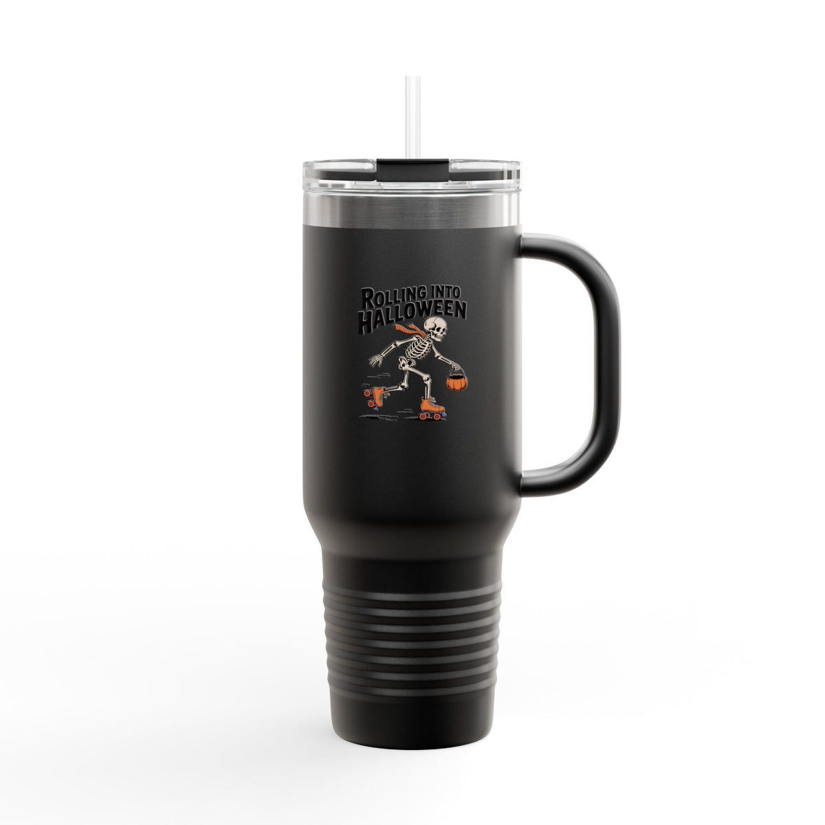 Rolling Into Halloween Skeleton Tumbler, Retro Roller Skating Skeleton Travel Mug, Funny Halloween Gift, 40oz Insulated Cup