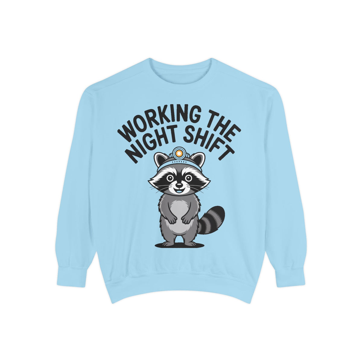 Raccoon Night Shift Sweatshirt, Funny Night Owl Crewneck, Cute Raccoon Headlamp Graphic, Gift for Nurse or Night Worker