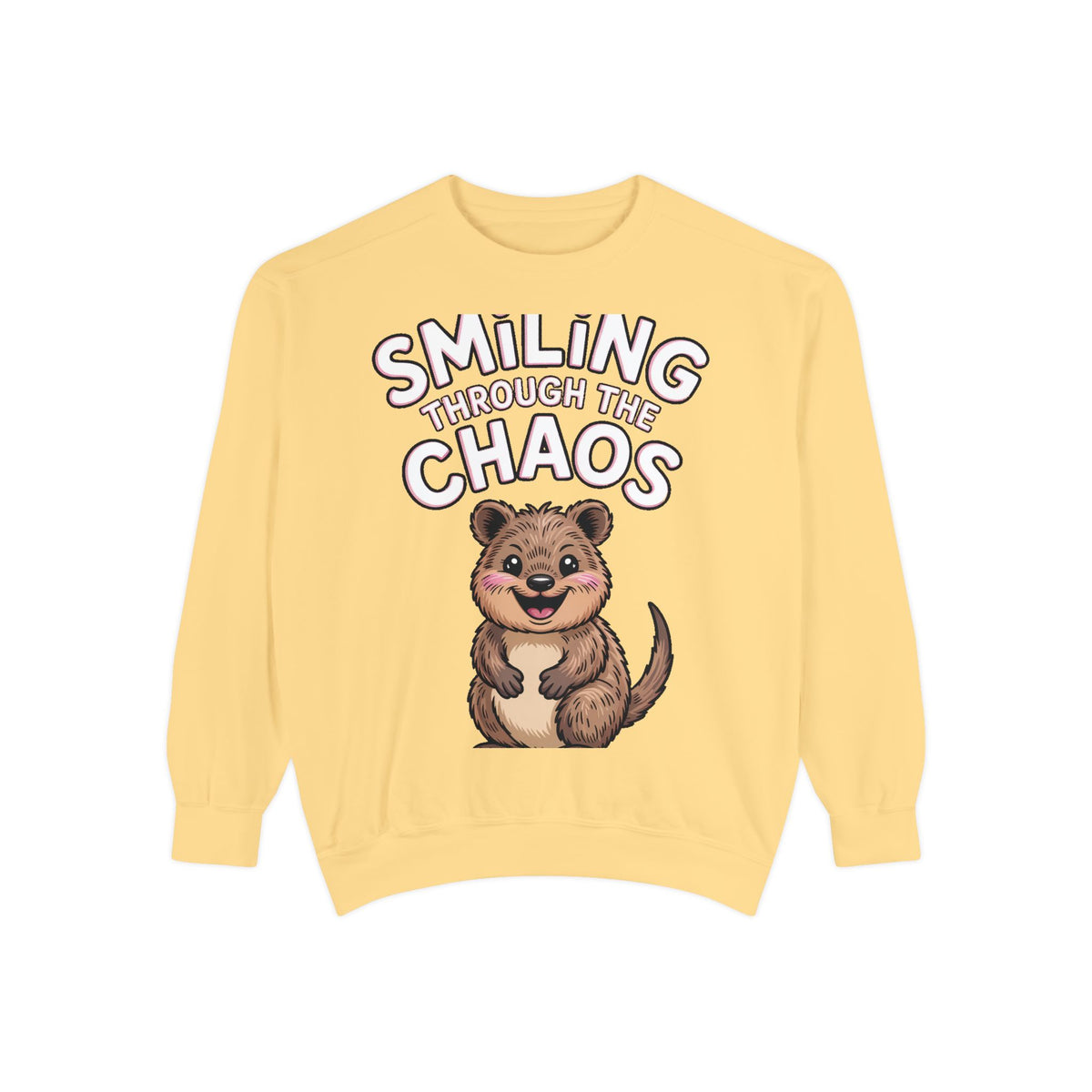 Smiling Through The Chaos Quokka Sweatshirt, Cute Embroidered-Look Crewneck, Funny Quokka Lover Gift, Positive Vibes Pullover