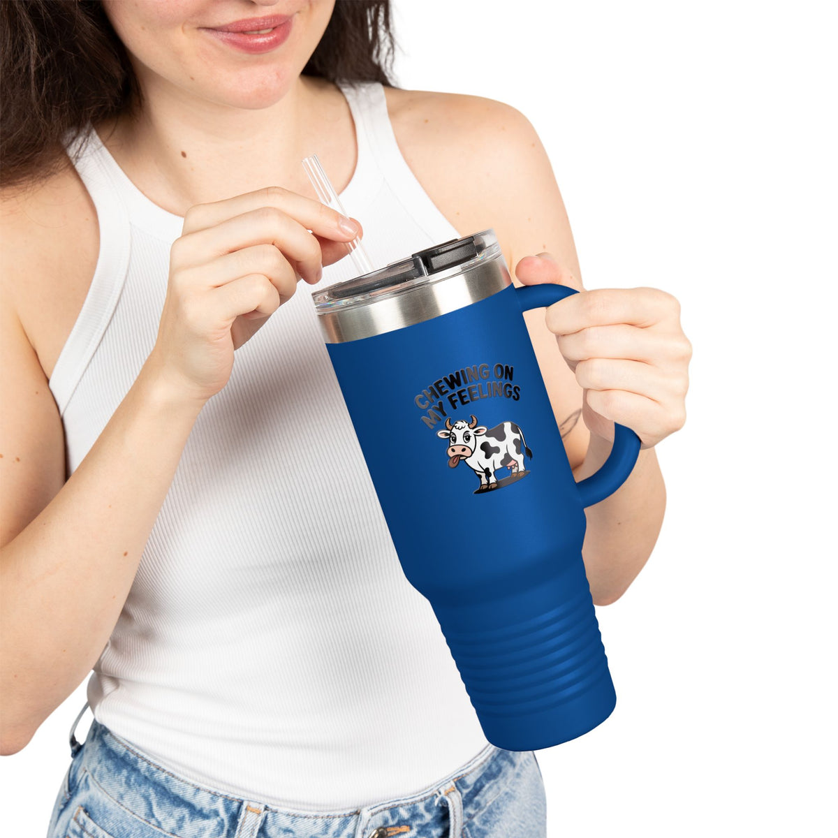 Chewing On My Feelings Tumbler, Funny Cow 40oz Travel Mug, Cute Cow Lover Gift, Emotional Support Cow Cup, Sarcastic Coffee Tumbler